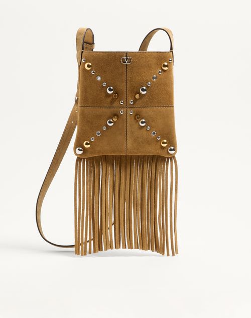 Valentino Garavani - Valentino Garavani Nellcôte Small Shoulder Bag In Suede With Fringes - Havana Beige - Woman - Shoulder Bags